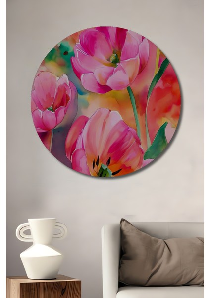 Canlı Pembe Lale Sulu Boya Görünümlü Ahşap Dekoratif Tablo Yuvarlak Tablo