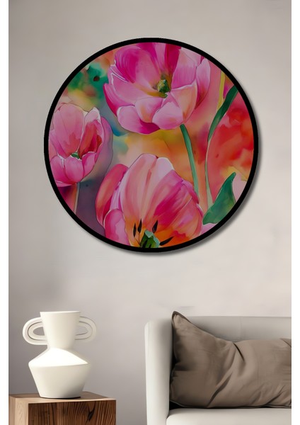 Canlı Pembe Lale Sulu Boya Görünümlü Ahşap Dekoratif Tablo Yuvarlak Tablo fiyatları