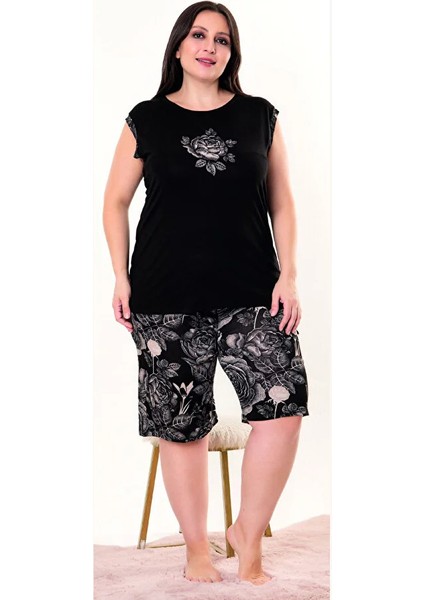 Lady Büyük Beden Çiçek Desenli Sıfır Kollu Şortlu Pijama Takımı