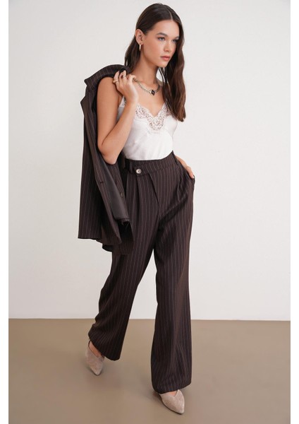 4754 Kadın Çizgili Çapraz Bel Pantolon Kahve indirimleri