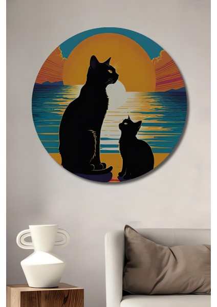 Siyah Kedi ve Yavrusu Deniz Kenarında Yağlı Boya Görünümlü Ahşap Dekoratif Tablo Yuvarlak Tablo