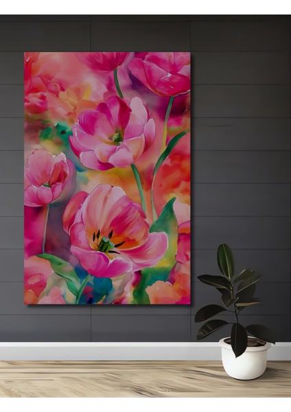 Canlı Pembe Lale Sulu Boya Görünümlü Ahşap Dekoratif Tablo Dikdörtgen Tablo