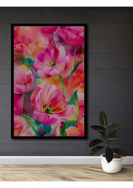 Canlı Pembe Lale Sulu Boya Görünümlü Ahşap Dekoratif Tablo Dikdörtgen Tablo fiyatları