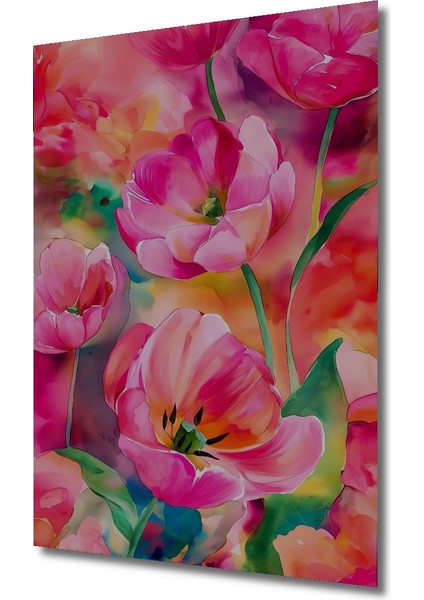 Canlı Pembe Lale Sulu Boya Görünümlü Ahşap Dekoratif Tablo Dikdörtgen Tablo modelleri