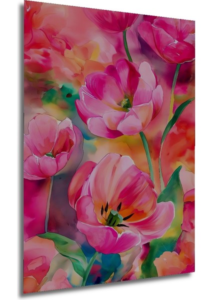 Canlı Pembe Lale Sulu Boya Görünümlü Ahşap Dekoratif Tablo Dikdörtgen Tablo fırsatları