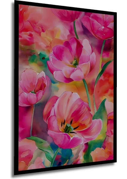 Canlı Pembe Lale Sulu Boya Görünümlü Ahşap Dekoratif Tablo Dikdörtgen Tablo