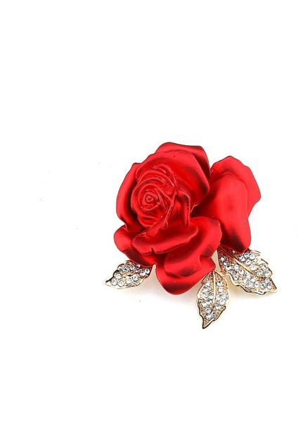 Kırmızı Gold Taşlı Gül Broş Yaka Iğnesi