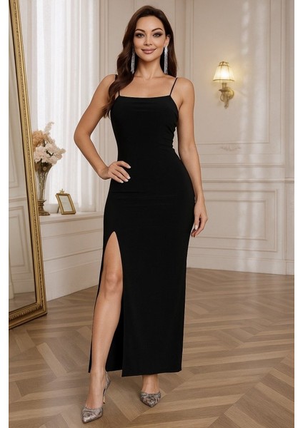 Kadın Ip Askılı Yandan Yırtmaçlı Janjan Krep Elbise