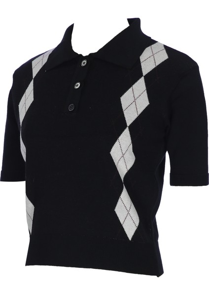 Kadın Polo Yaka Kısa Kollu Baklava Desenli Düğmeli Triko Kazak modelleri