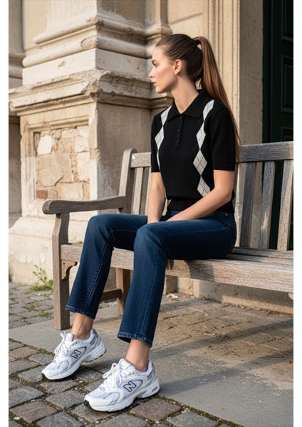 Kadın Polo Yaka Kısa Kollu Baklava Desenli Düğmeli Triko Kazak fırsatları