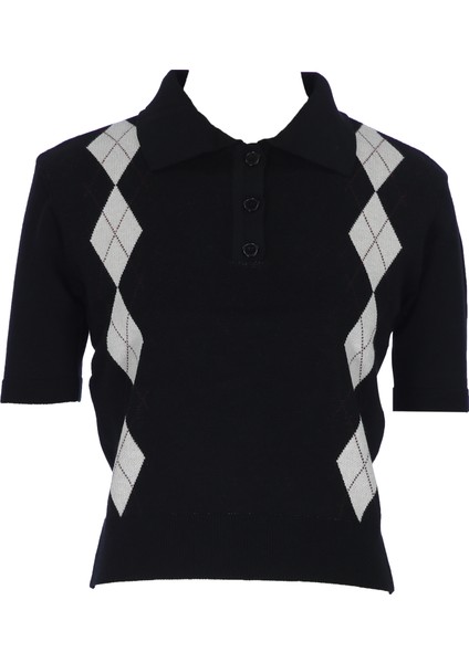 Kadın Polo Yaka Kısa Kollu Baklava Desenli Düğmeli Triko Kazak indirimleri