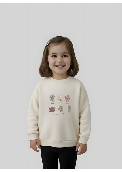 Çiçek Nakışlı Kız Çocuk Penye Sweatshirt