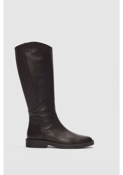 Arvee Hakiki Deri Lastikli Alçak Topuklu Kadın Çizme- Kahverengi