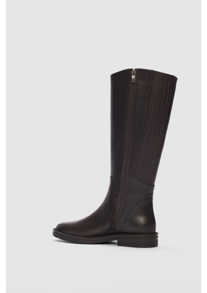 Arvee Hakiki Deri Lastikli Alçak Topuklu Kadın Çizme- Kahverengi modelleri