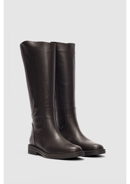 Arvee Hakiki Deri Lastikli Alçak Topuklu Kadın Çizme- Kahverengi fırsatları