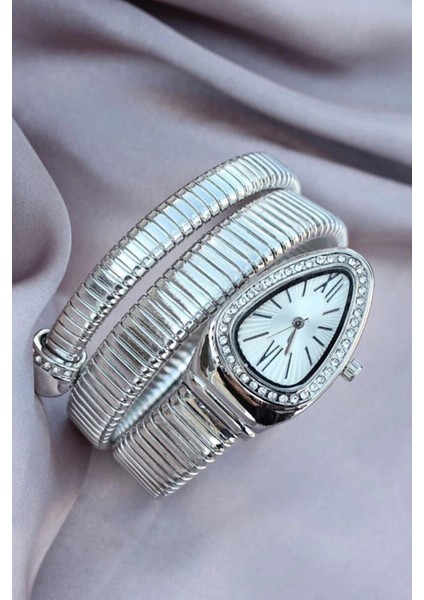 Gümüş Renk Beyaz Kadran Yılan Saat Dolamalı Saat