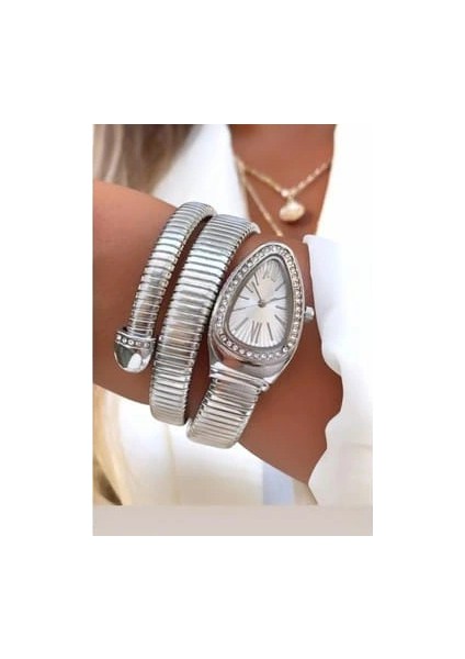 Gümüş Renk Beyaz Kadran Yılan Saat Dolamalı Saat fiyatları