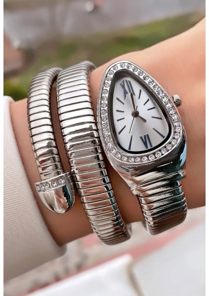 Gümüş Renk Beyaz Kadran Yılan Saat Dolamalı Saat modelleri