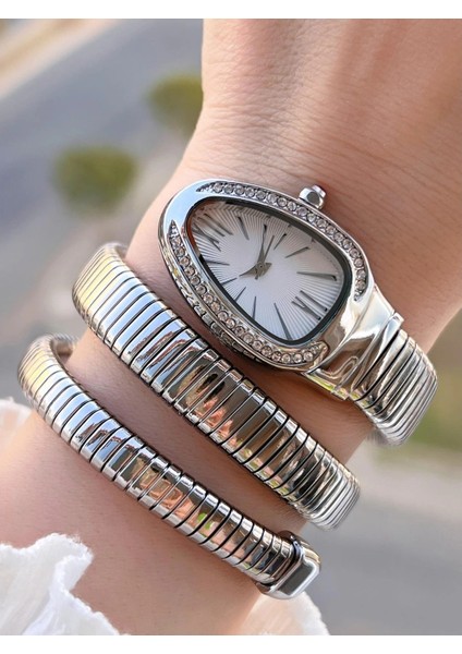 Gümüş Renk Beyaz Kadran Yılan Saat Dolamalı Saat fırsatları