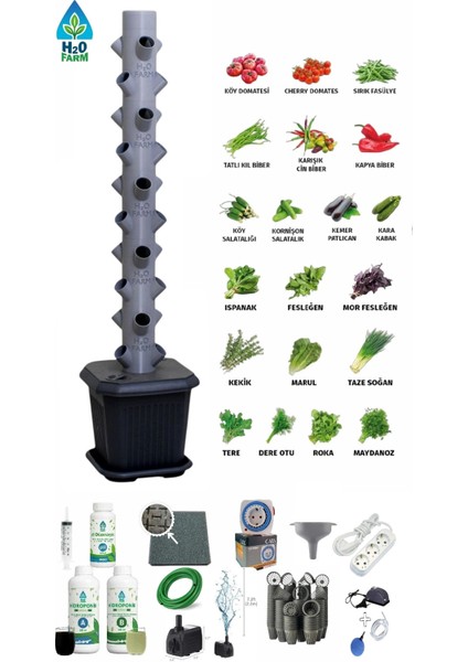 Hidroponik Dikey Tarım - Topraksız Tarım Kule Sistemi Seti - 30 Bitkilik (Marul,çilek Vb.)
