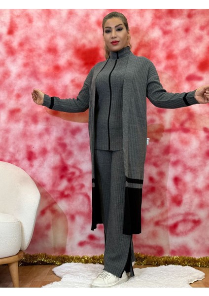 Üçlü Takım Kadın Triko (Yelek + Pantolon + Uzun Hırka) Çift Renk Esnek ve Rahat Yırtmaçlı Günlük Şık