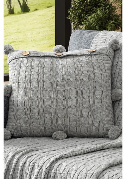 Ponponlu Triko Örme Kırlent Kılıfı - 40X40 cm Kare Yastık Kılıfı - Açık Gri