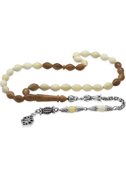 Kararmaz Metal Arnavut Zincir Püsküllü Kuka Imameli Arpa Kesim Naturel Renk Deve Kemiği Tesbih