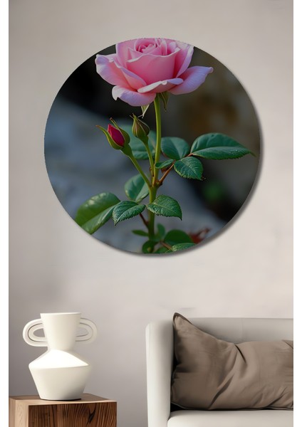 Pembe Gül Suluboya Görünümlü Ahşap Tablo Yuvarlak Tablo