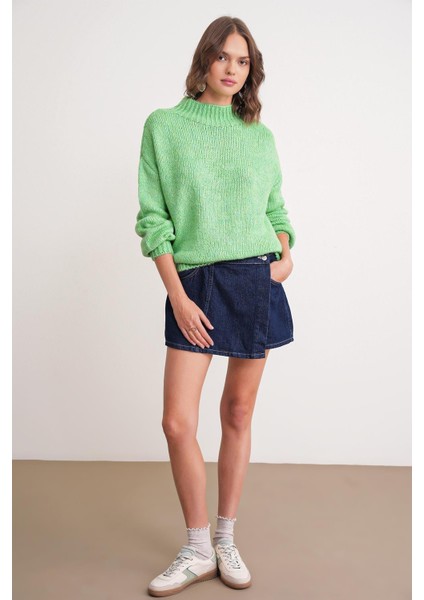 6700 Kadın Dik Yaka Balon Triko Kazak Açık Yeşil fiyatları