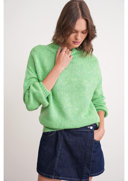 6700 Kadın Dik Yaka Balon Triko Kazak Açık Yeşil modelleri