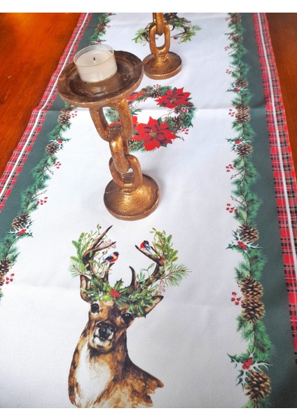 Yılbaşı Geyik Desenli Dijital Baskılı Runner