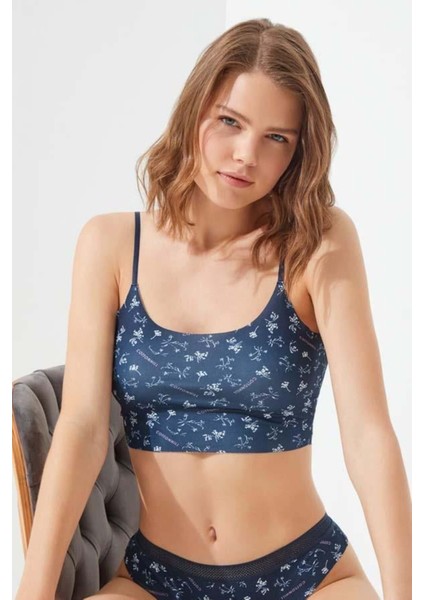 Lacivert Desenli Ayarlanabilir Askılı Lazer Kesim Kadın Crop Büstiyer modelleri