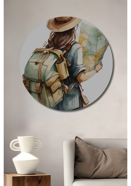 Sulu Boya Görünümlü Dünya Haritasını Inceleyen Maceraperest Ahşap Dekoratif Tablo Yuvarlak Tablo