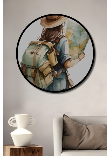 Sulu Boya Görünümlü Dünya Haritasını Inceleyen Maceraperest Ahşap Dekoratif Tablo Yuvarlak Tablo fiyatları