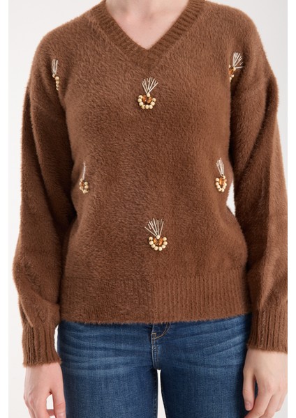 Kadın Taba Sakal Iplik Önü Aksesuarlı Balon Kollu V Yaka Triko Kazak fırsatları