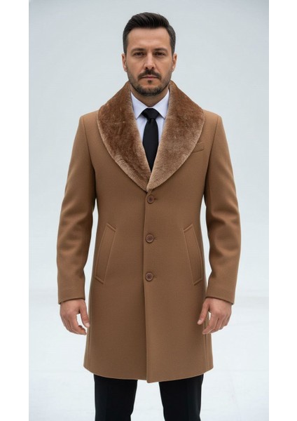 Erkek Uzun Kaşe Kaban – Çıkartılabilir Kürk Yaka, Astarlı ve Cepli Slim Fit Mont (Bej, Gri, Siyah, Taba)