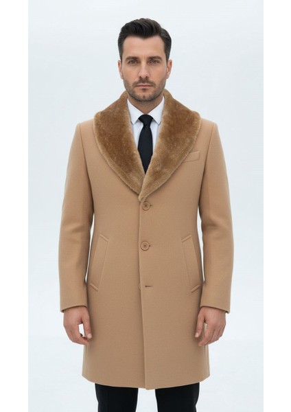 Erkek Uzun Kaşe Kaban – Çıkartılabilir Kürk Yaka, Astarlı ve Cepli Slim Fit Mont (Bej, Gri, Siyah, Taba)
