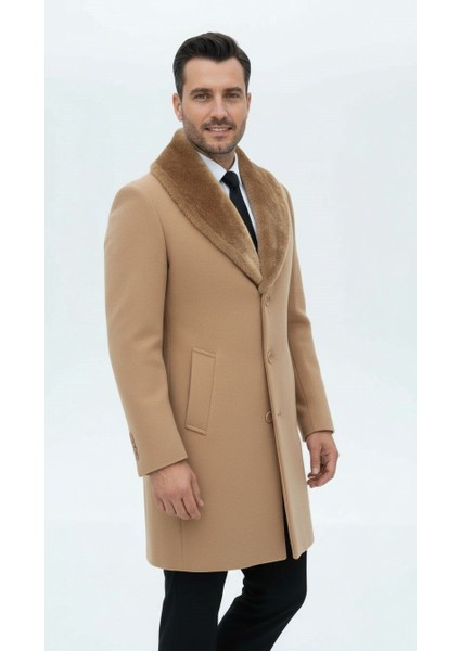 Erkek Uzun Kaşe Kaban – Çıkartılabilir Kürk Yaka, Astarlı ve Cepli Slim Fit Mont (Bej, Gri, Siyah, Taba) fiyatları