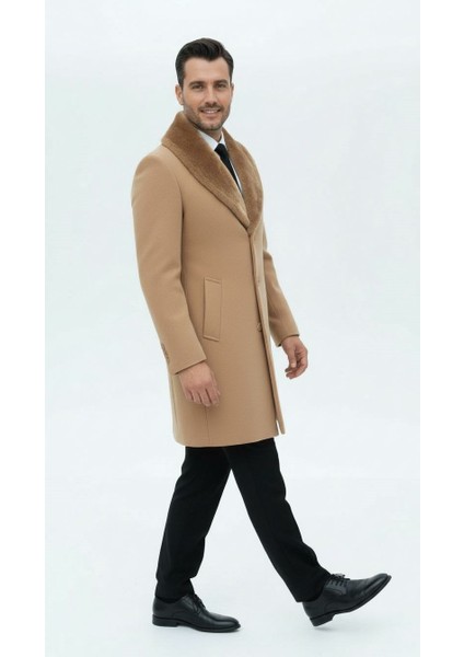 Erkek Uzun Kaşe Kaban – Çıkartılabilir Kürk Yaka, Astarlı ve Cepli Slim Fit Mont (Bej, Gri, Siyah, Taba) modelleri