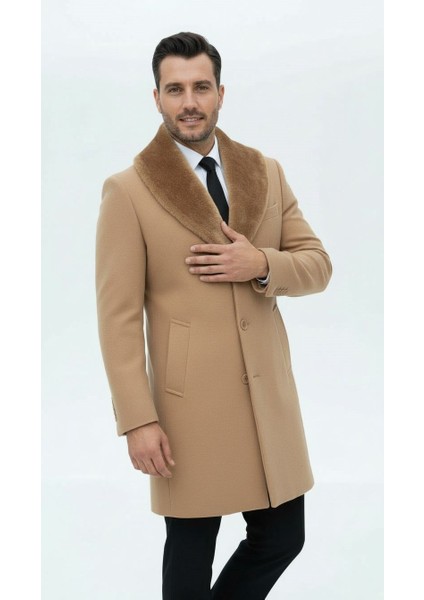Erkek Uzun Kaşe Kaban – Çıkartılabilir Kürk Yaka, Astarlı ve Cepli Slim Fit Mont (Bej, Gri, Siyah, Taba) fırsatları