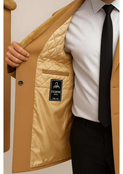 Erkek Uzun Kaşe Kaban – Çıkartılabilir Kürk Yaka, Astarlı ve Cepli Slim Fit Mont (Bej, Gri, Siyah, Taba)