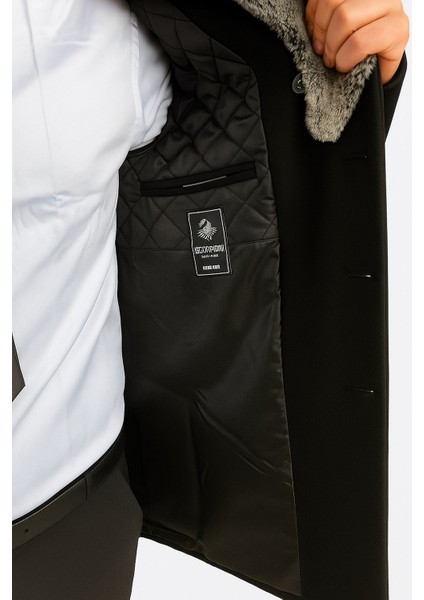 Erkek Uzun Kaşe Kaban – Çıkartılabilir Kürk Yaka, Astarlı ve Cepli Slim Fit Mont (Bej, Gri, Siyah, Taba)