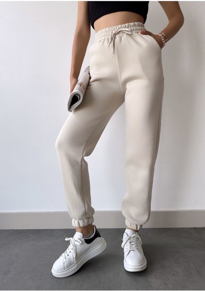 Kadın Bej Kışlık Kalın Içi Polarlı Yüksek Bel Paçası Lastikli Basic Jogger Eşofman Altı