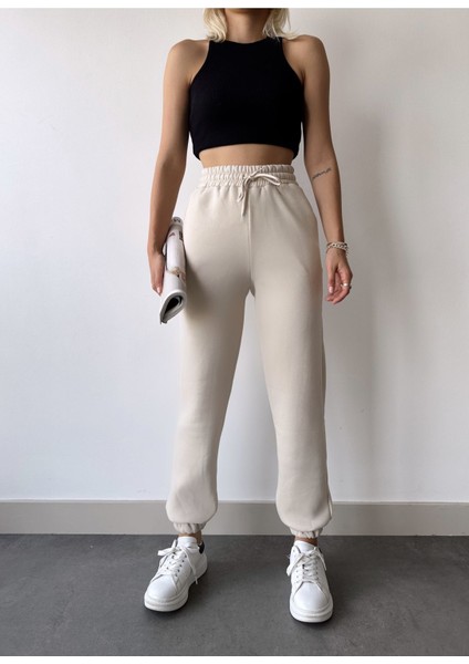 Kadın Bej Kışlık Kalın Içi Polarlı Yüksek Bel Paçası Lastikli Basic Jogger Eşofman Altı indirimleri
