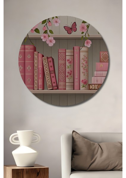 Pembe Kiraz Çiçekleri Kitaplık Ahşap Dekoratif Tablo Yuvarlak Tablo