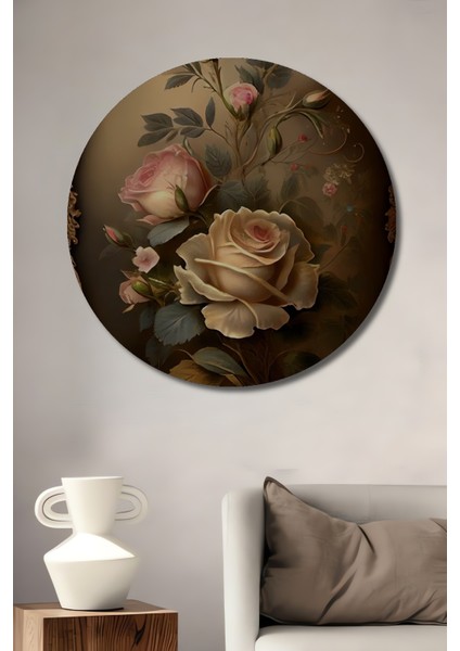 Romantik Gül Bahçesi Yağlı Boya Görünümlü Ahşap Dekoratif Tablo Yuvarlak Tablo