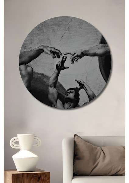 Yaratılışın Dokunuşu Klasik Sanat Yağlı Boya Görünümlü Ahşap Dekoratif Tablo Yuvarlak Tablo
