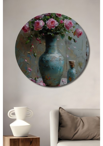 Romantik Yağlı Boya Görünümlü Gül Buketi Dekoratif Ahşap Tablo Yuvarlak Tablo