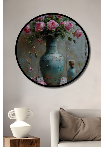 Romantik Yağlı Boya Görünümlü Gül Buketi Dekoratif Ahşap Tablo Yuvarlak Tablo fiyatları