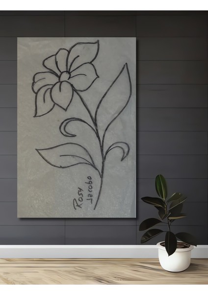 Zarif Çiçek Tasarım Desen Kara Kalem Görünümlü Ahşap Tablo Dikdörtgen Tablo